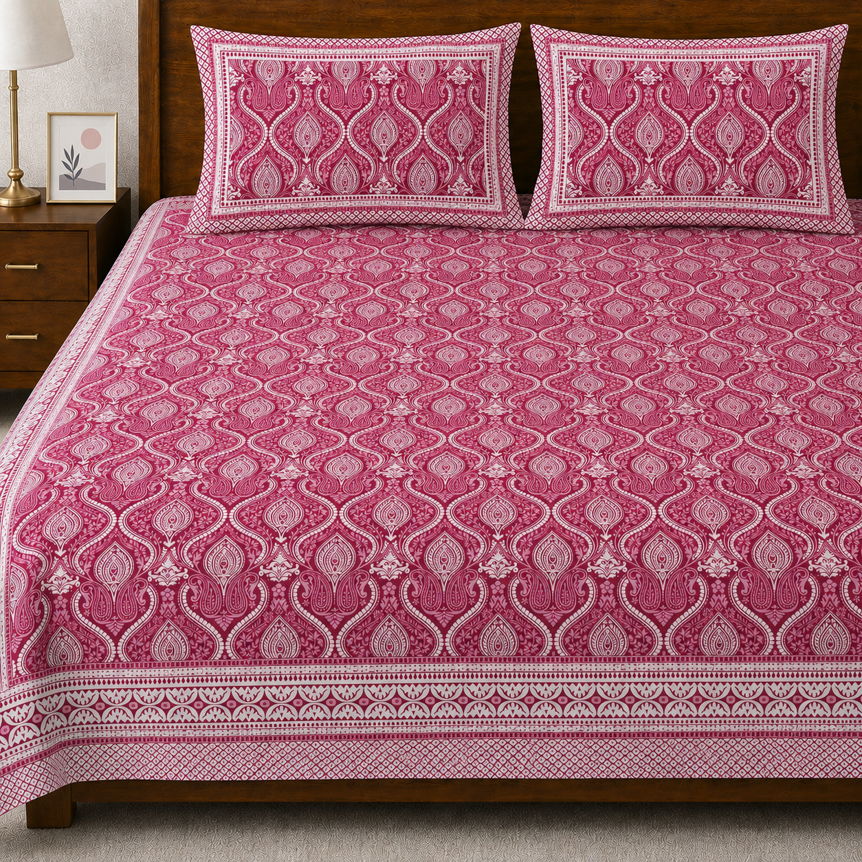 Mughal Wine Garden Hand Block Printed Cotton King Bedsheet Set | 90×108 | 240 TC