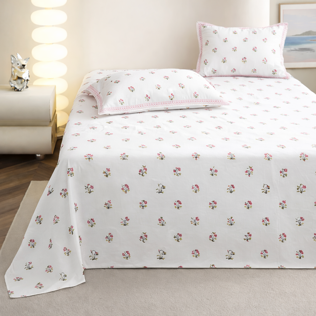 Muse In Bloom Hand Block Printed Cotton King Bedsheet Set | 90x108 | 240 TC