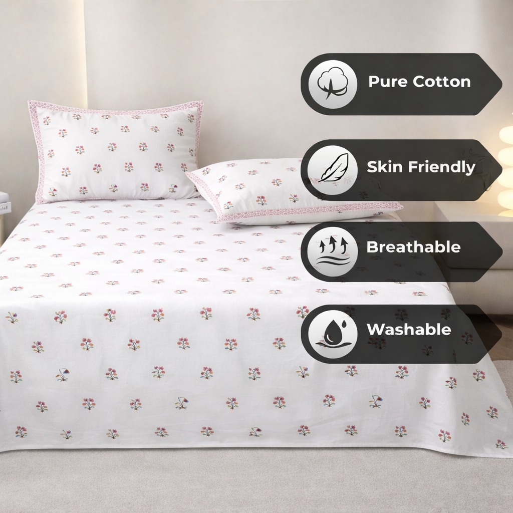 Muse In Bloom Hand Block Printed Cotton King Bedsheet Set | 90x108 | 240 TC