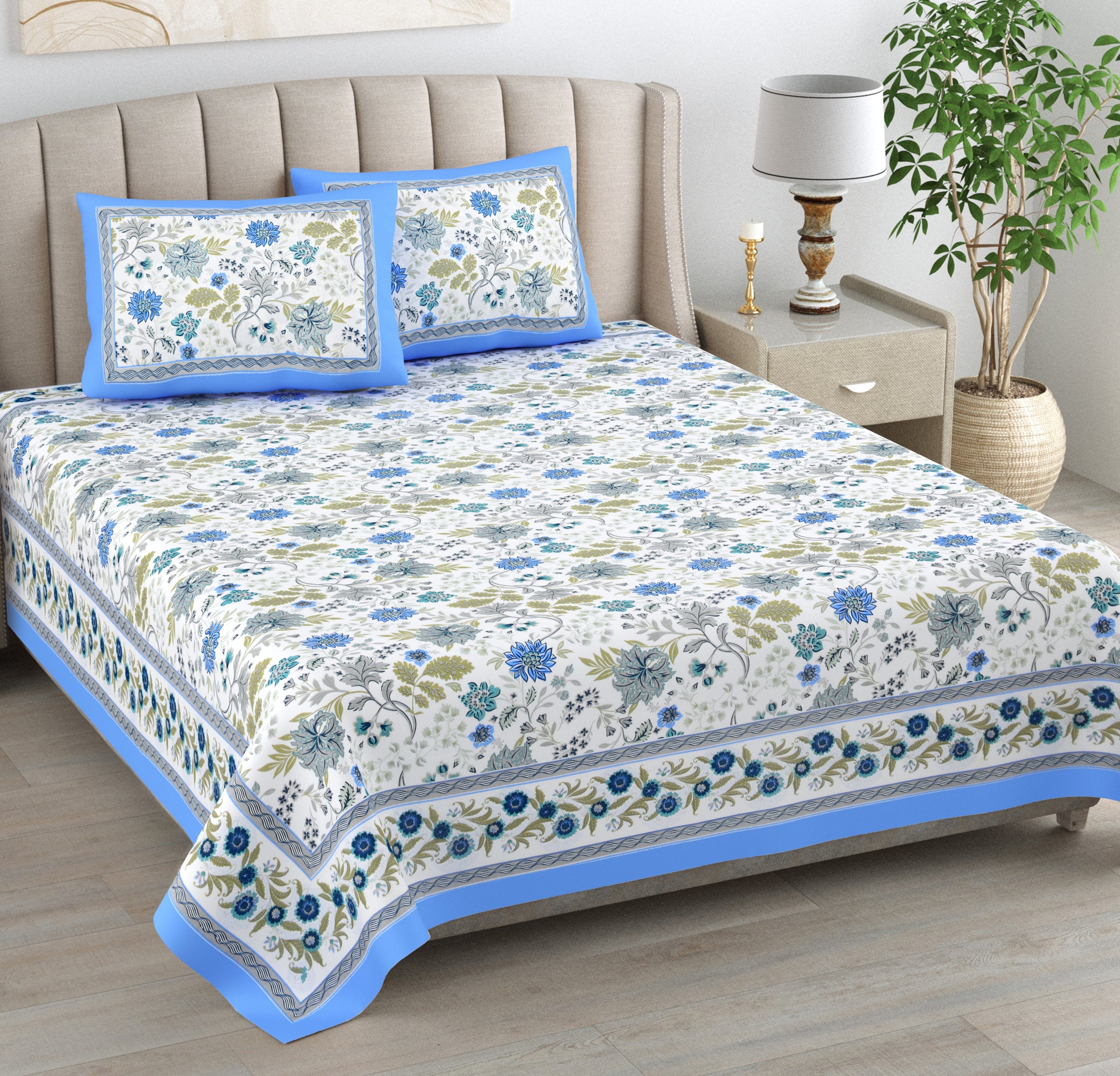 Neel Gagan Fulwari Hand Block Printed Cotton King Bedsheet Set