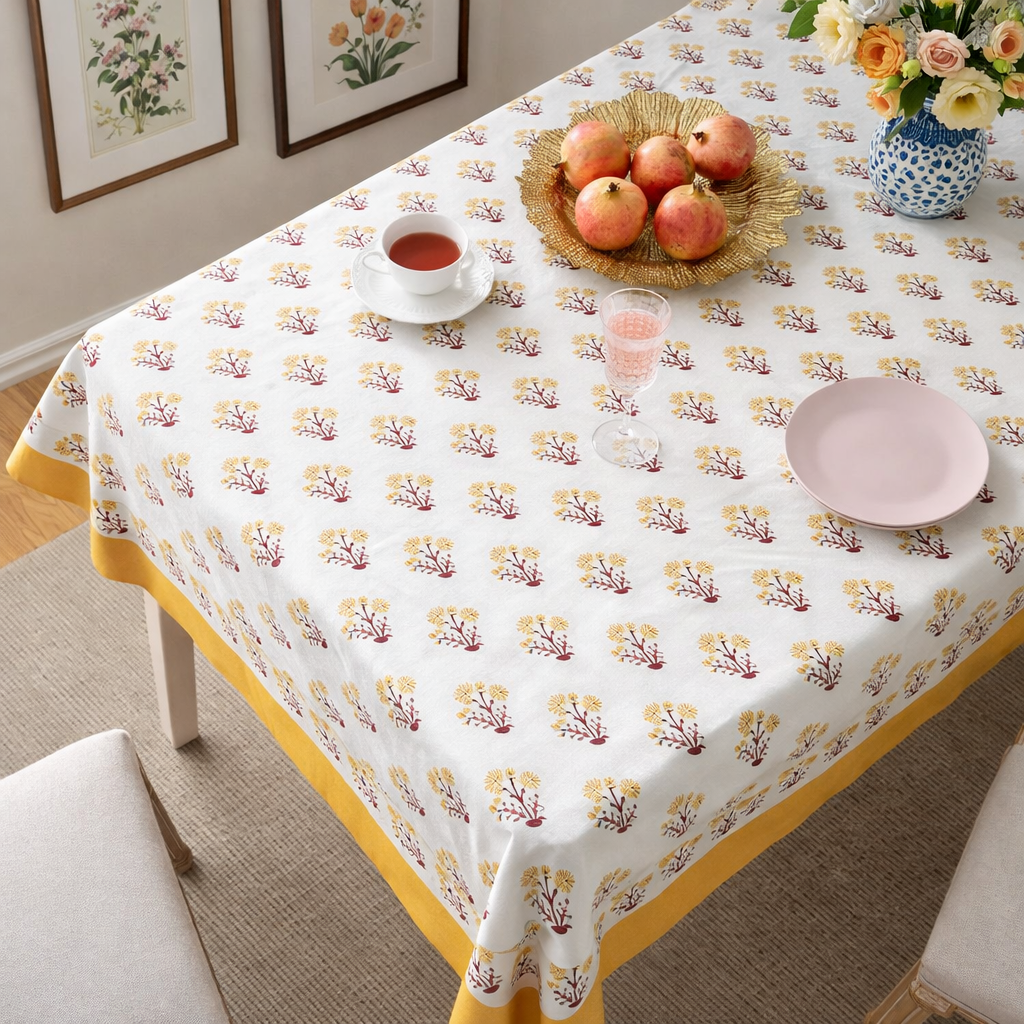 Yellow hand block printed cotton table cover 6 seater 60x90 inches