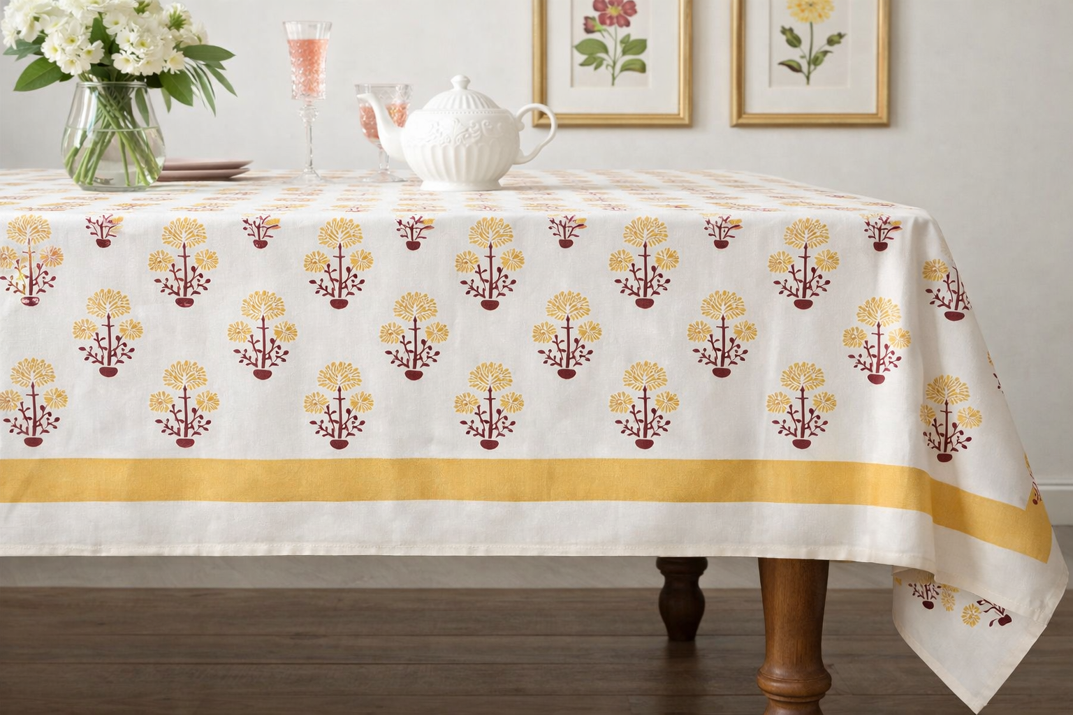 Narangi Buta Hand Block Printed Cotton Table Cover I 6 Seater