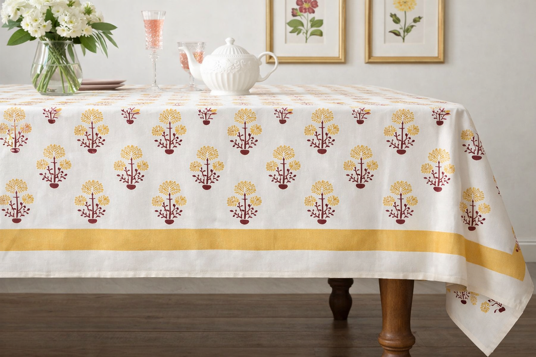 Narangi Buta Hand Block Printed Cotton Table Cover I 6 Seater