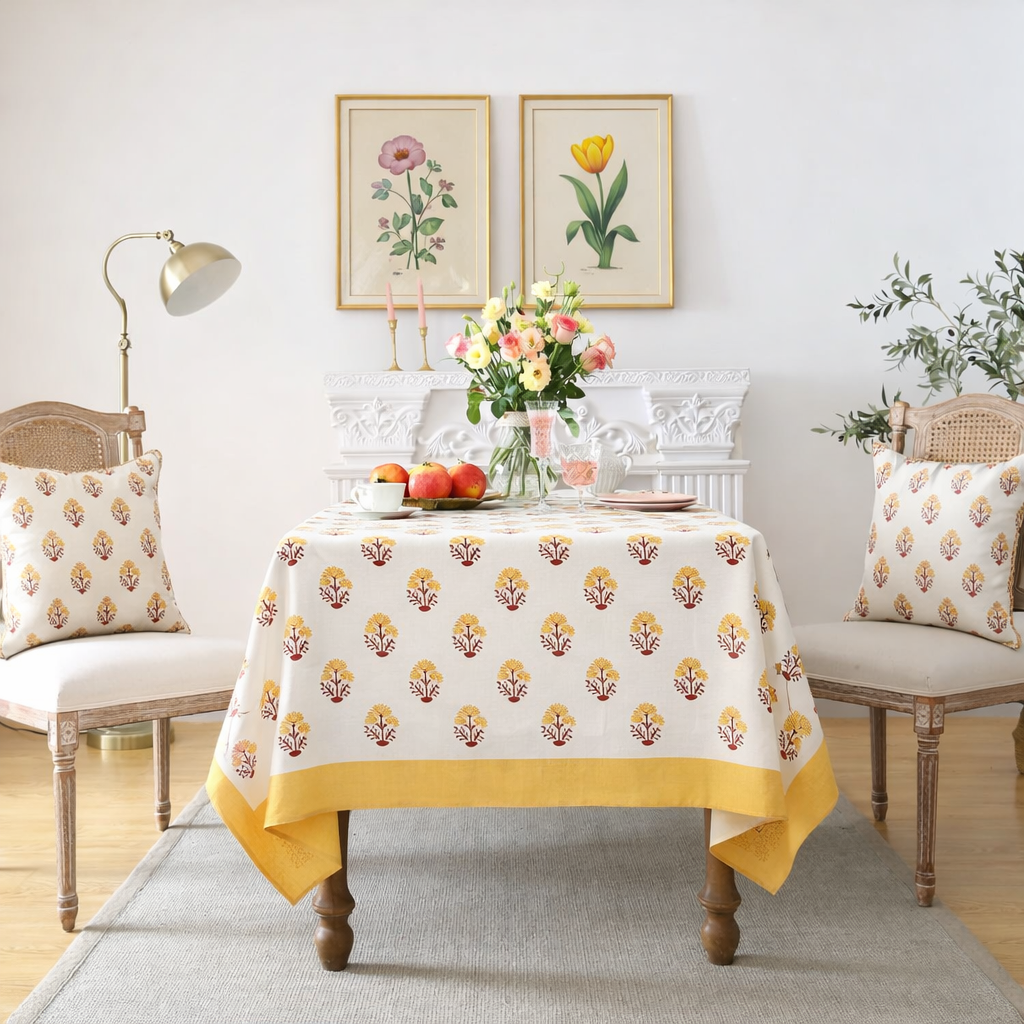Narangi Buta Hand Block Printed Cotton Table Cover I 6 Seater