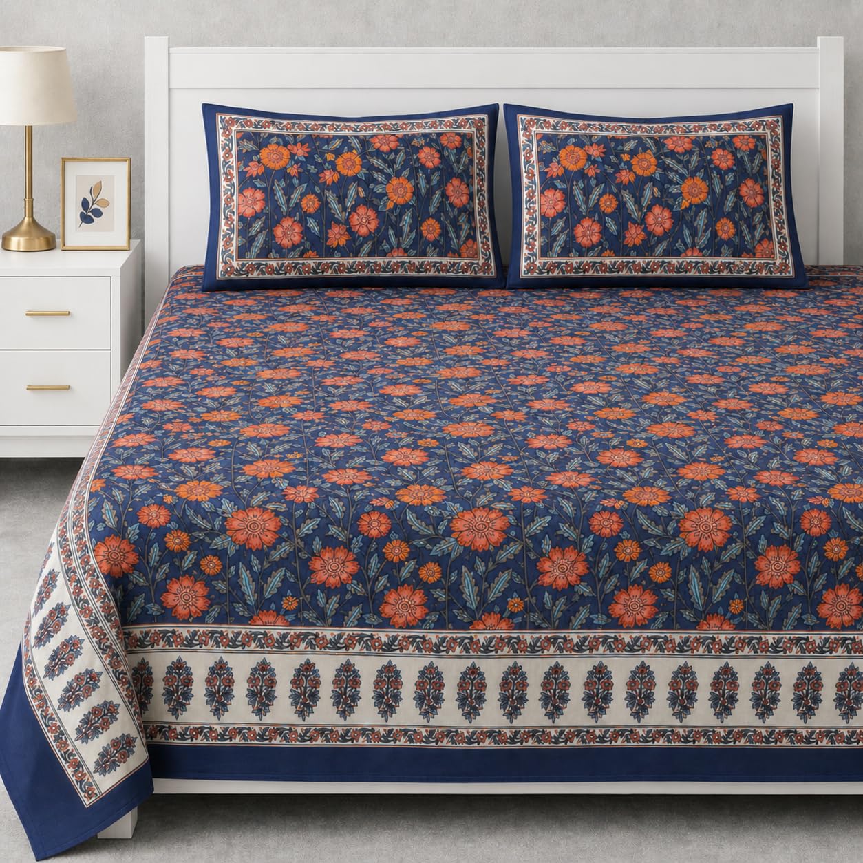 Nargis Bloom Hand Block Printed Cotton King Bedsheet Set