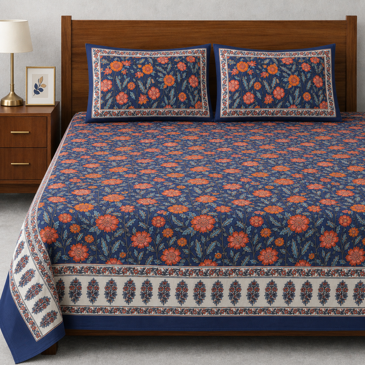 Nargis Bloom Hand Block Printed Cotton King Bedsheet Set | 90x108 | 240 TC