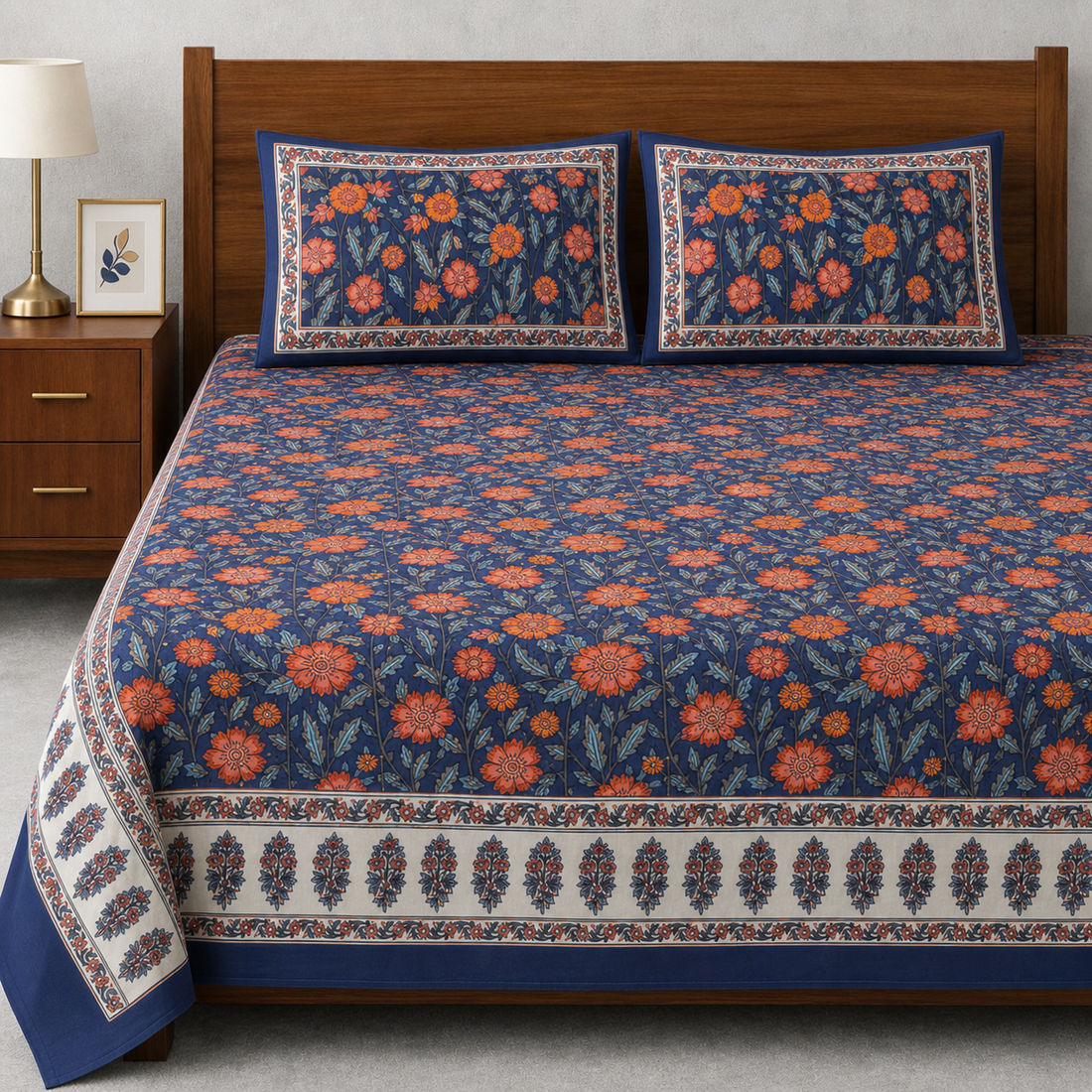 Nargis Bloom Hand Block Printed Cotton King Bedsheet Set | 90x108 | 240 TC