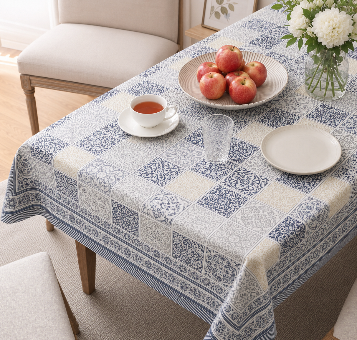 Navy Grid Hand Block Printed Cotton Table Cover I 6 Seater