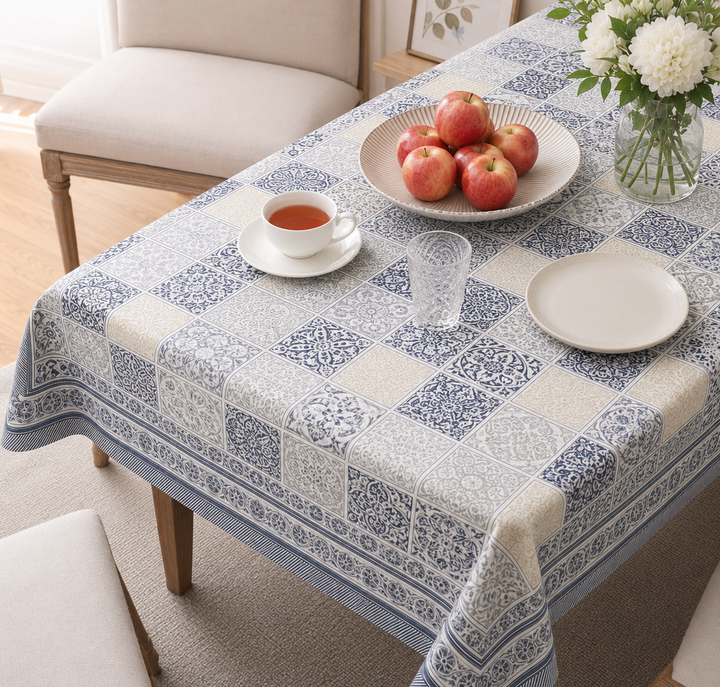 Navy Grid Hand Block Printed Cotton Table Cover I 6 Seater