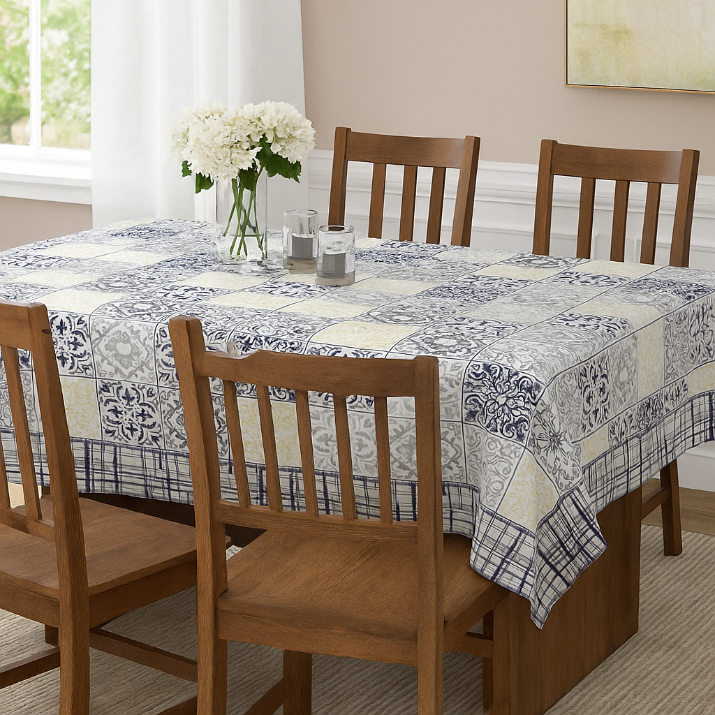 Navy Grid Hand Block Printed Cotton Table Cover I 6 Seater