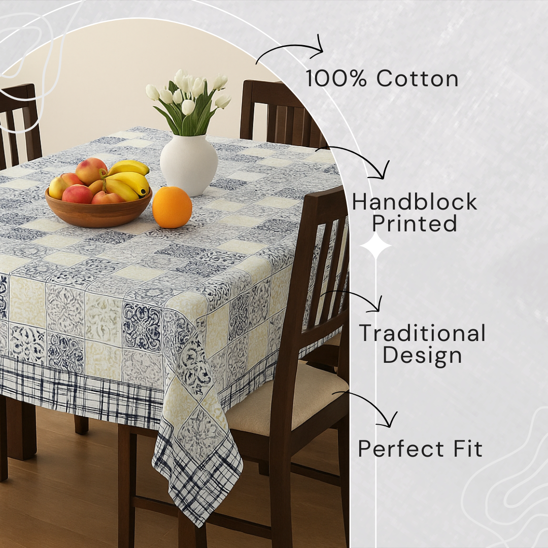 Navy Grid Hand Block Printed Cotton Table Cover I 6 Seater