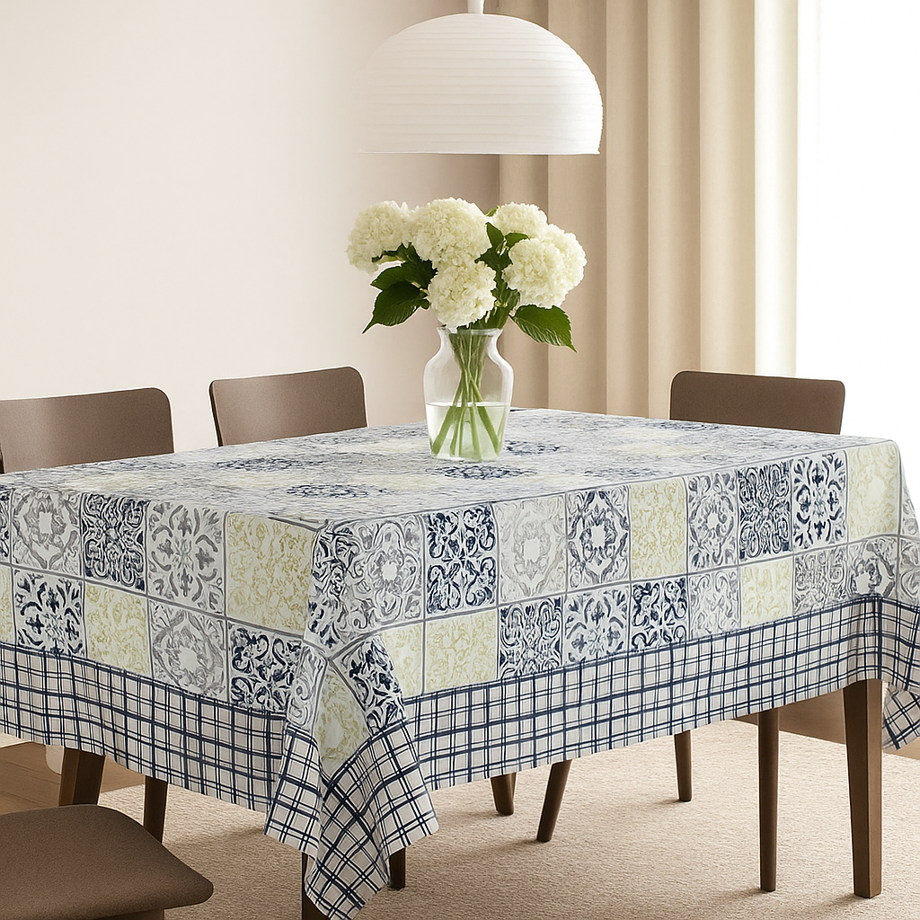 Navy Grid Hand Block Printed Cotton Table Cover I 6 Seater