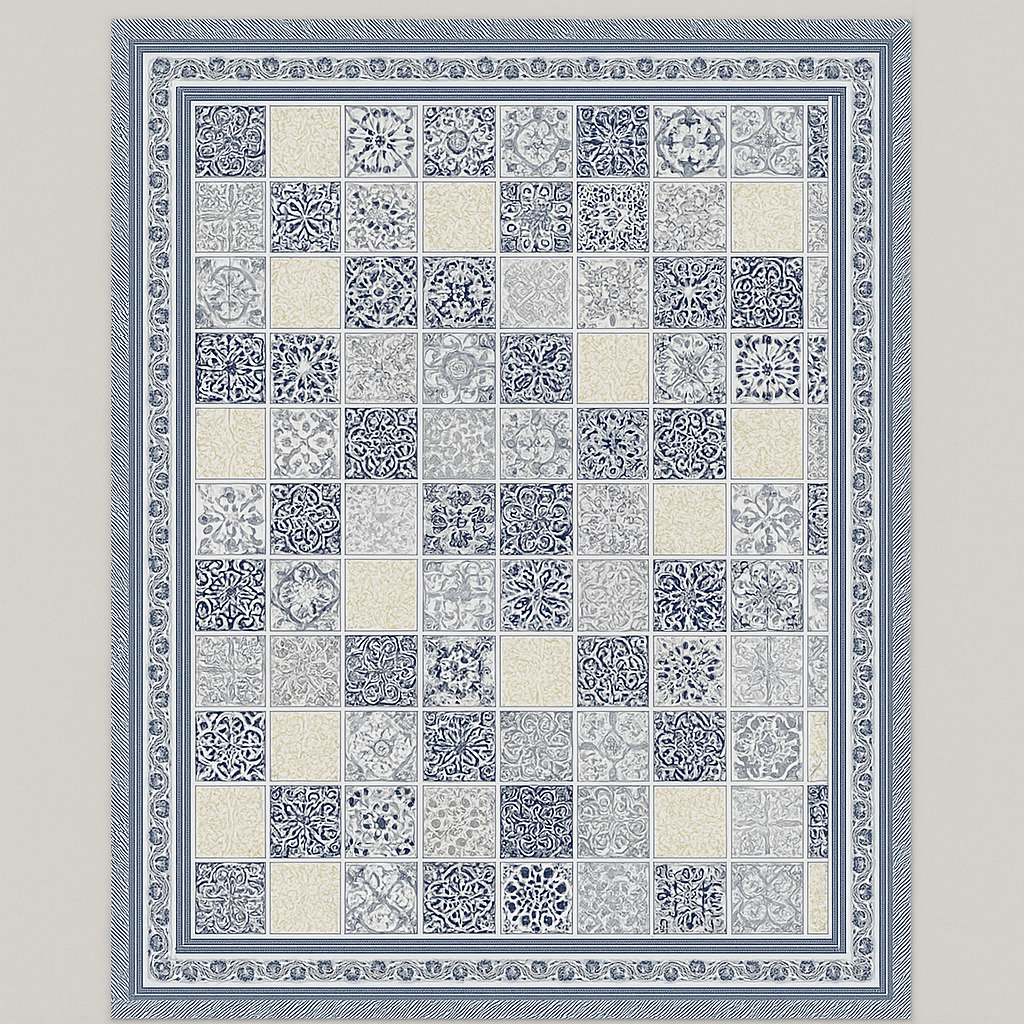 Navy Grid Hand Block Printed Cotton Table Cover I 6 Seater