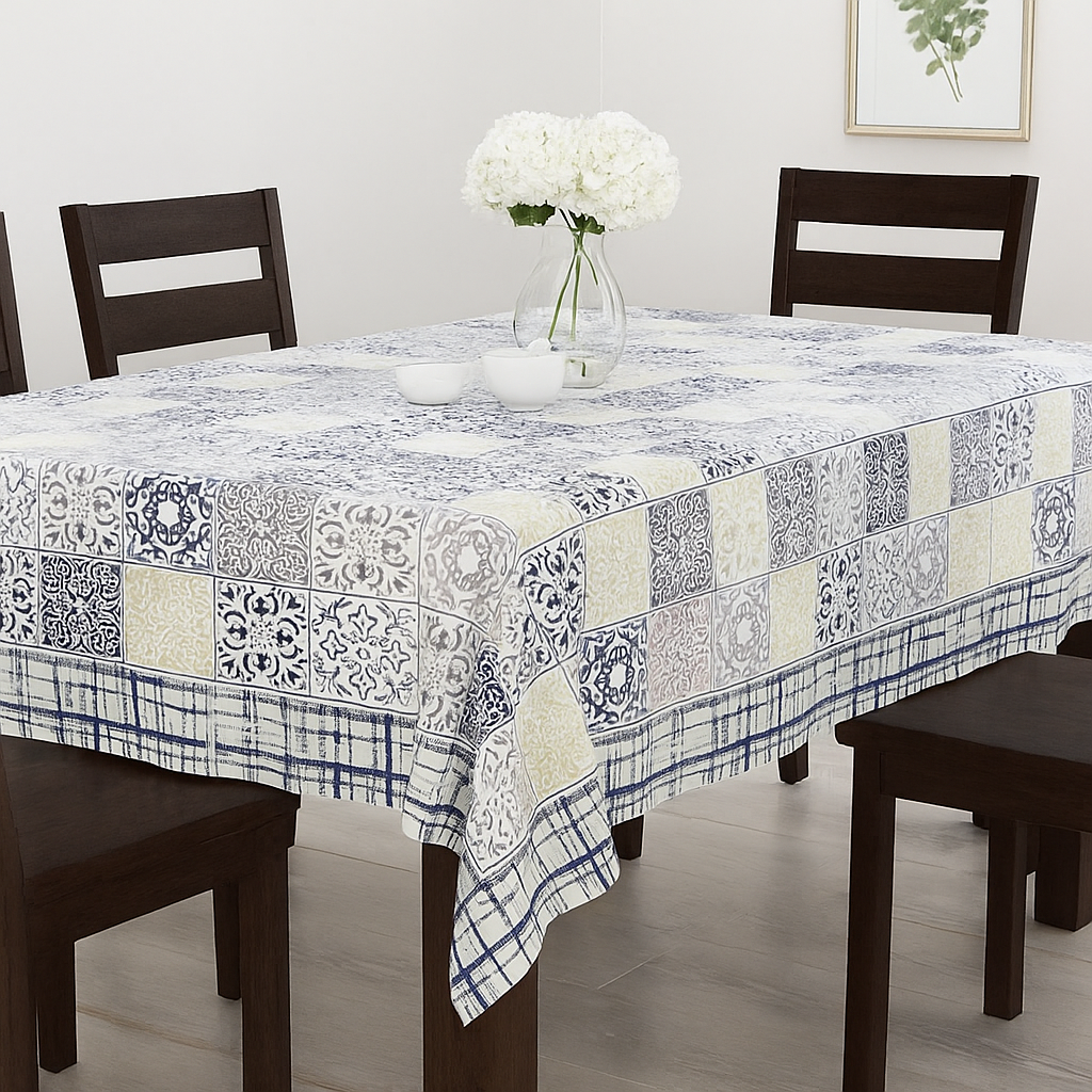 Navy Grid Hand Block Printed Cotton Table Cover I 6 Seater