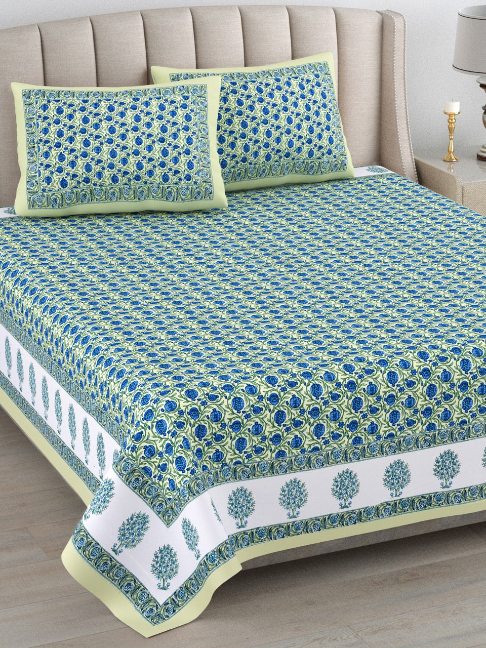Neela Buta Hand Block Printed Cotton King Bedsheet Set