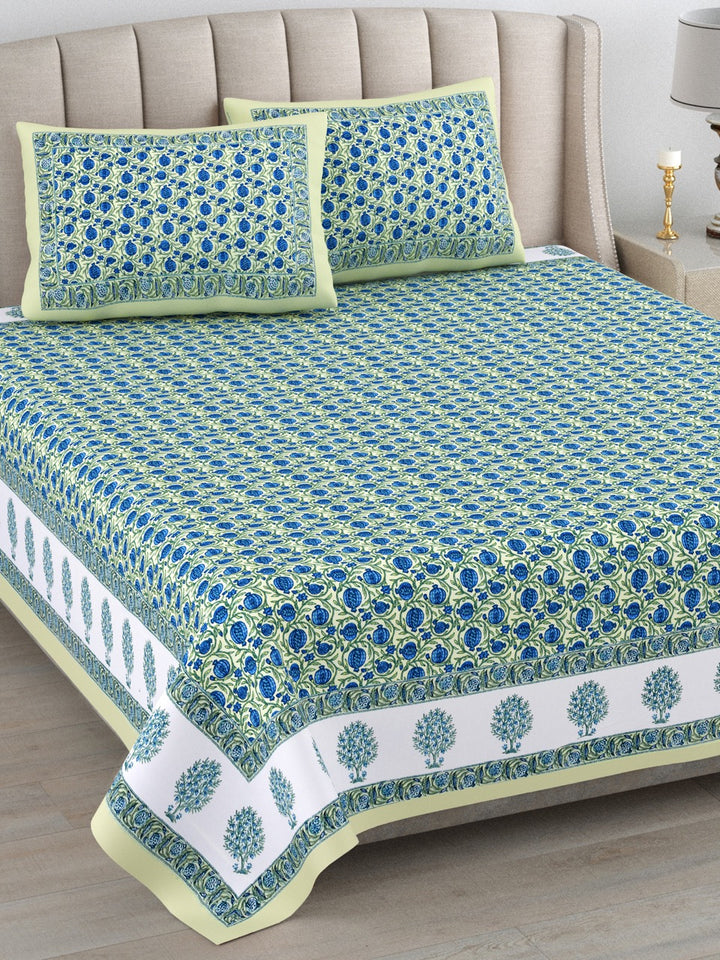 Neela Buta Hand Block Printed Cotton King Bedsheet Set