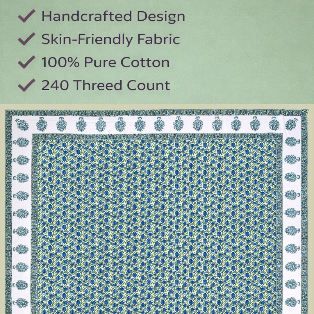 Neela Buta Hand Block Printed Cotton King Bedsheet Set | 90x108 | 240 TC