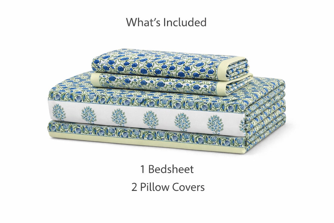 Neela Buta Hand Block Printed Cotton King Bedsheet Set | 90x108 | 240 TC