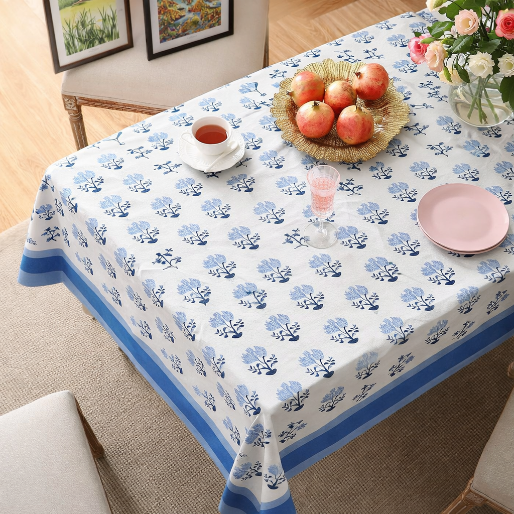 Blue hand block printed cotton table cover 6 seater 60x90 inches