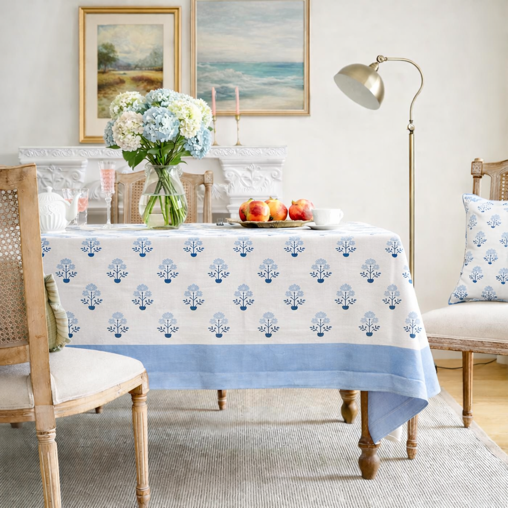 Neela Buta Hand Block Printed Cotton Table Cover I 6 Seater