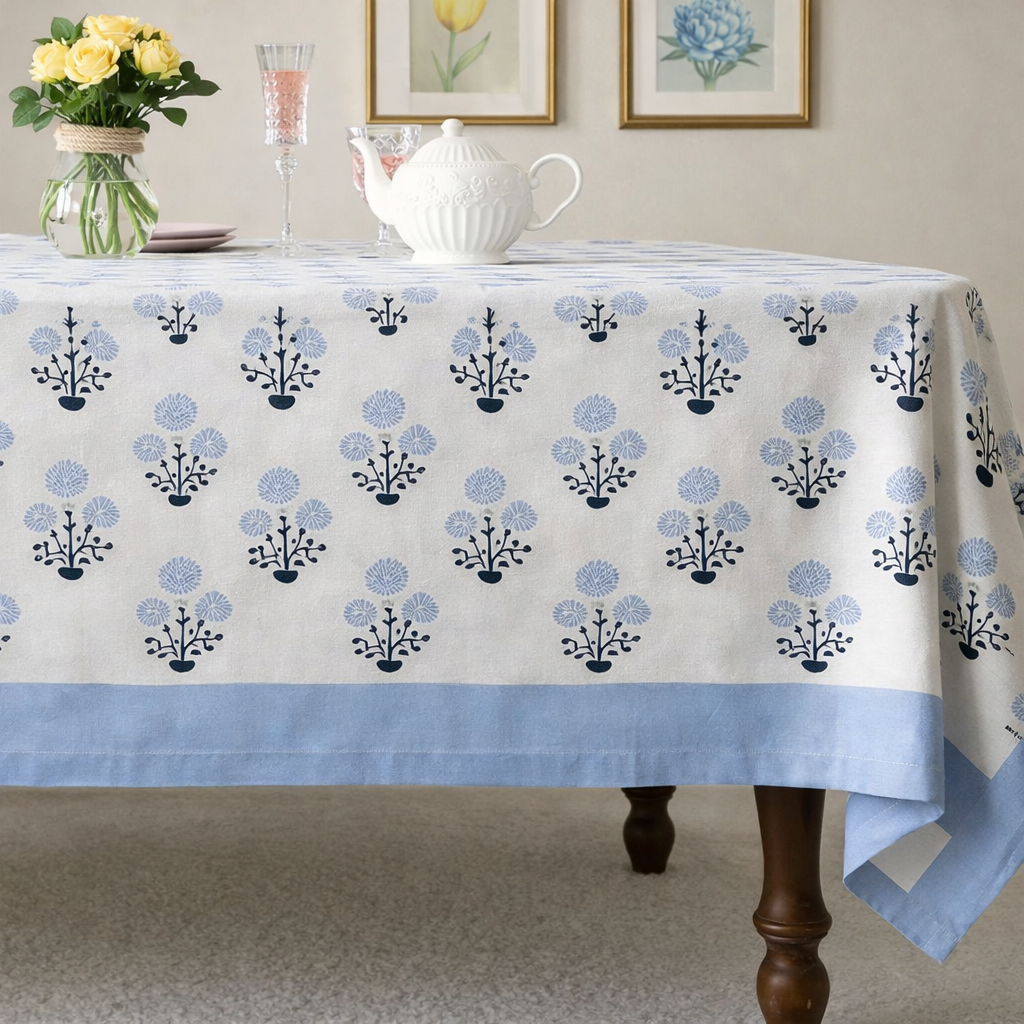 Neela Buta Hand Block Printed Cotton Table Cover I 6 Seater