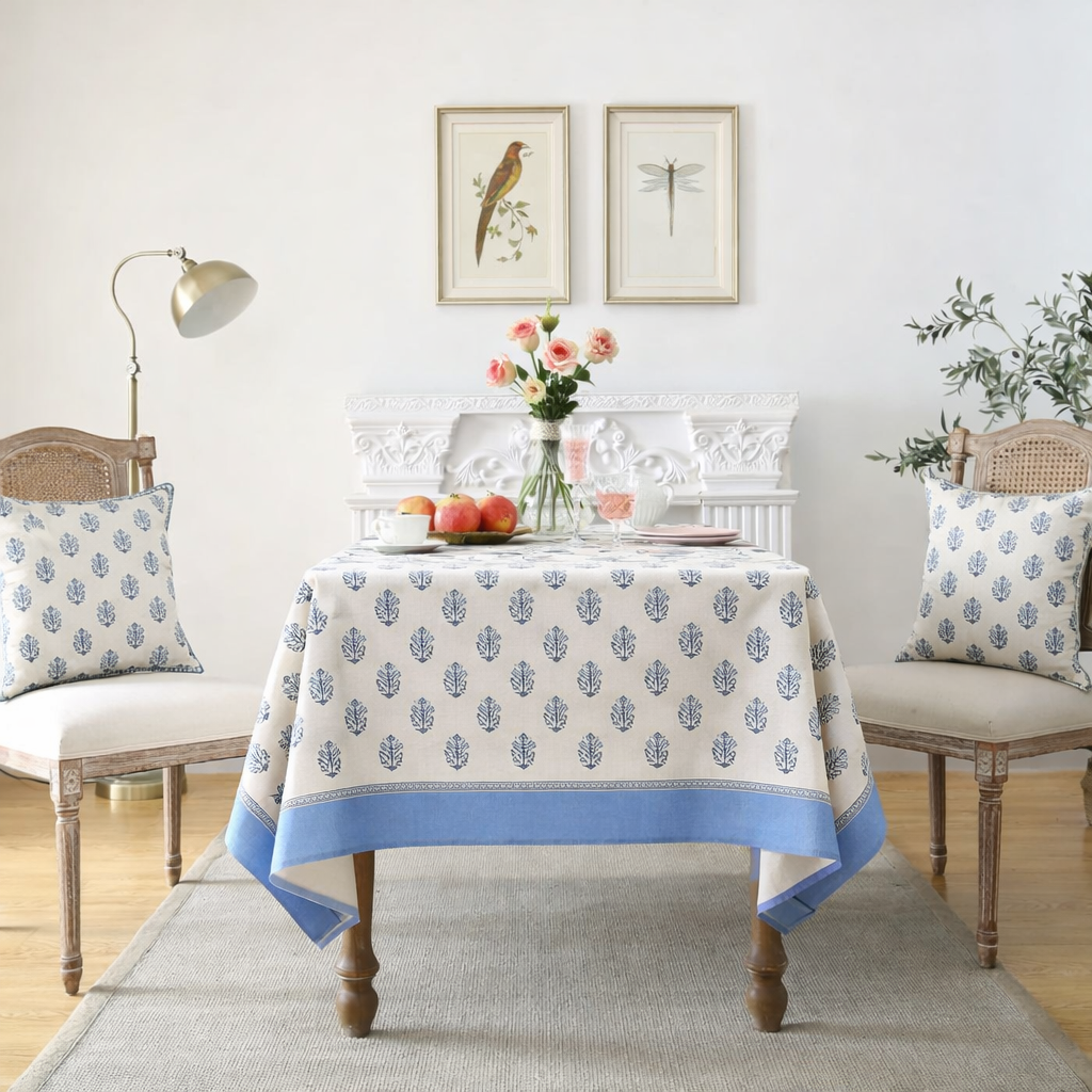 Neela Buta Hand Block Printed Cotton Table Cover I 6 Seater