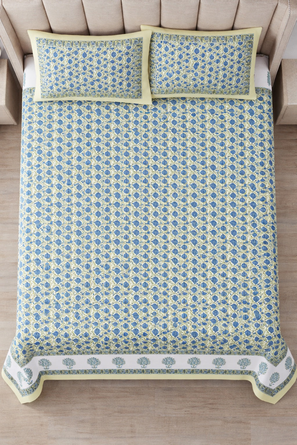 Neela Buta Hand Block Printed Cotton King Bedsheet Set | 90x108 | 240 TC