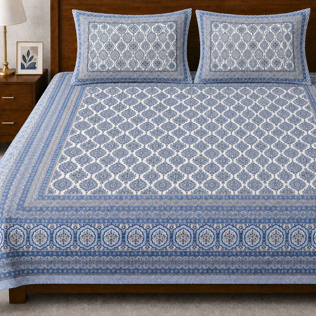 Neeli Chhaon Hand Block Printed Cotton King Bedsheet Set | 90×108 | 240 TC