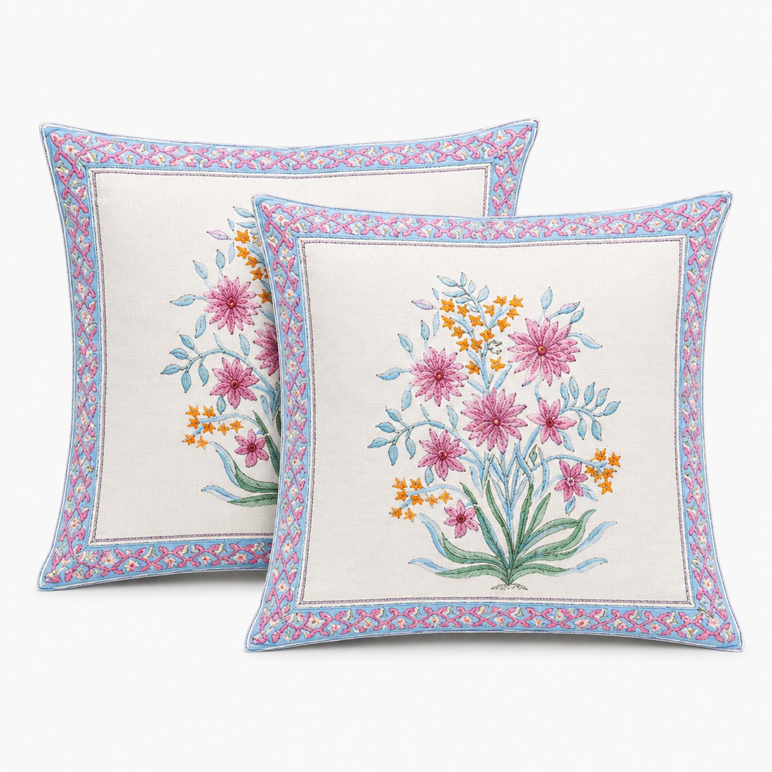 Noor Bloom Cushion Covers 16x16 Inches Pack of 2 | Jaipuri Hand Block Print Canvas Cotton Pillow Covers | Decorative Throw Cushion Cover Set