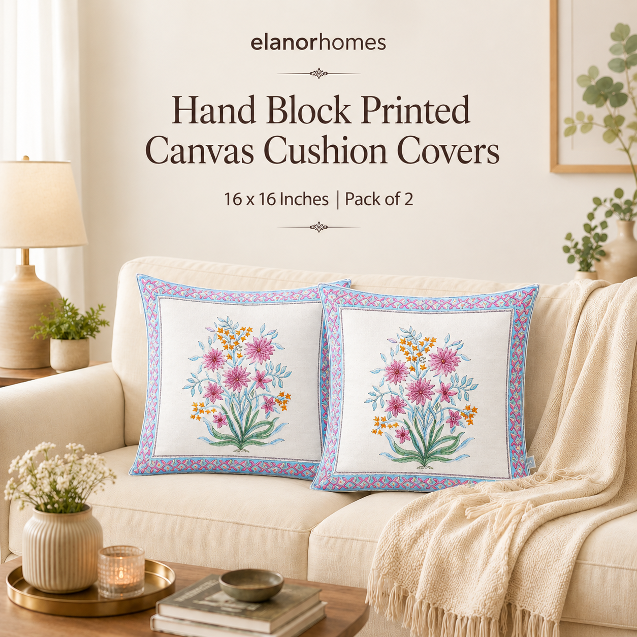 Noor Bloom Cushion Covers 16x16 Inches Pack of 2 | Jaipuri Hand Block Print Canvas Cotton Pillow Covers | Decorative Throw Cushion Cover Set