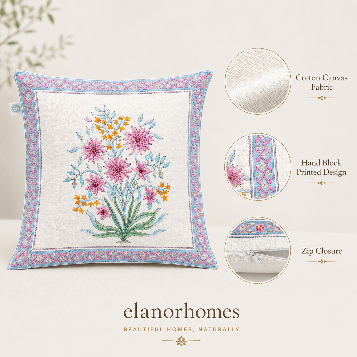 Noor Bloom Cushion Covers 16x16 Inches Pack of 2 | Jaipuri Hand Block Print Canvas Cotton Pillow Covers | Decorative Throw Cushion Cover Set