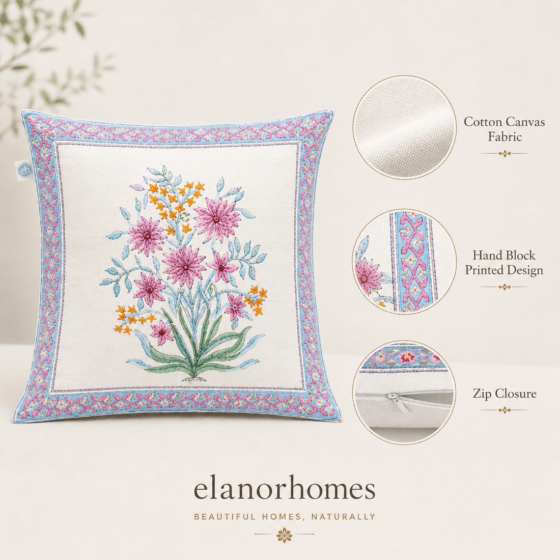 Noor Bloom Cushion Covers 16x16 Inches Pack of 2 | Jaipuri Hand Block Print Canvas Cotton Pillow Covers | Decorative Throw Cushion Cover Set