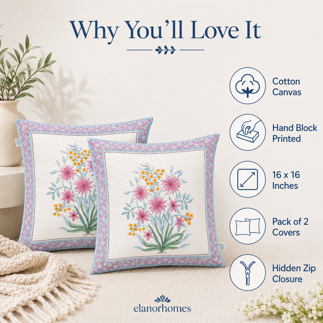 Noor Bloom Cushion Covers 16x16 Inches Pack of 2 | Jaipuri Hand Block Print Canvas Cotton Pillow Covers | Decorative Throw Cushion Cover Set