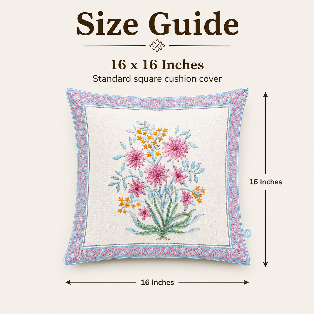 Noor Bloom Cushion Covers 16x16 Inches Pack of 2 | Jaipuri Hand Block Print Canvas Cotton Pillow Covers | Decorative Throw Cushion Cover Set