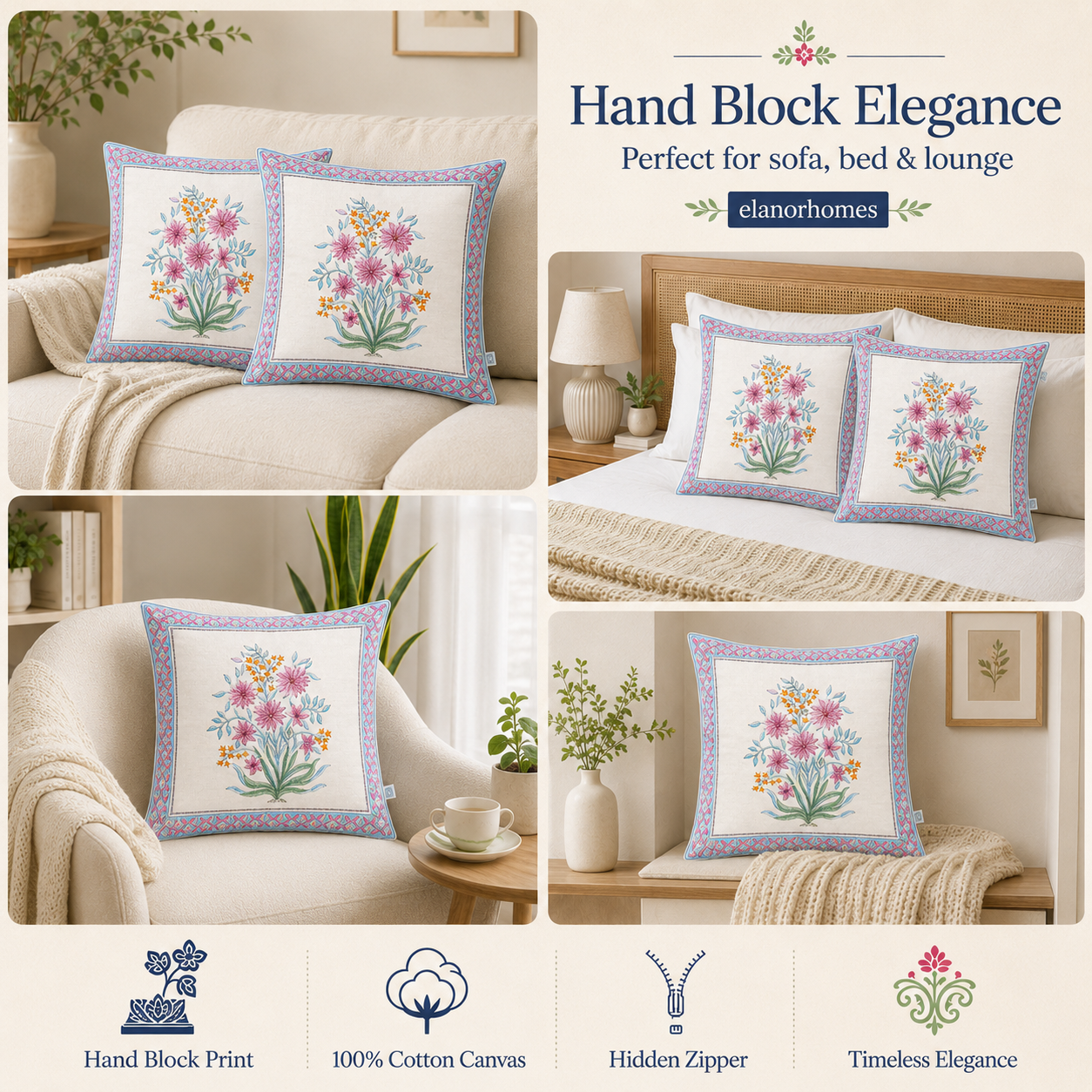 Noor Bloom Cushion Covers 16x16 Inches Pack of 2 | Jaipuri Hand Block Print Canvas Cotton Pillow Covers | Decorative Throw Cushion Cover Set