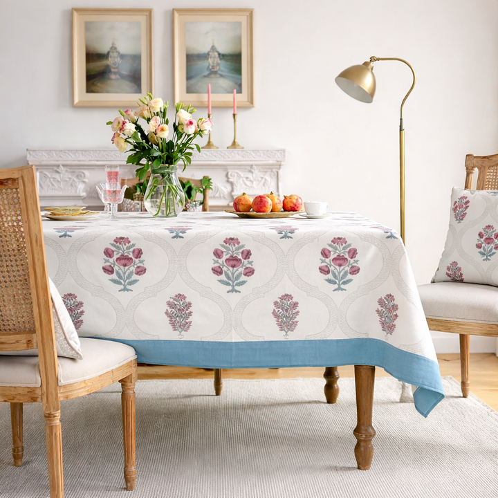 Noor Floral Hand Block Printed Cotton Table Cover I 6 Seater