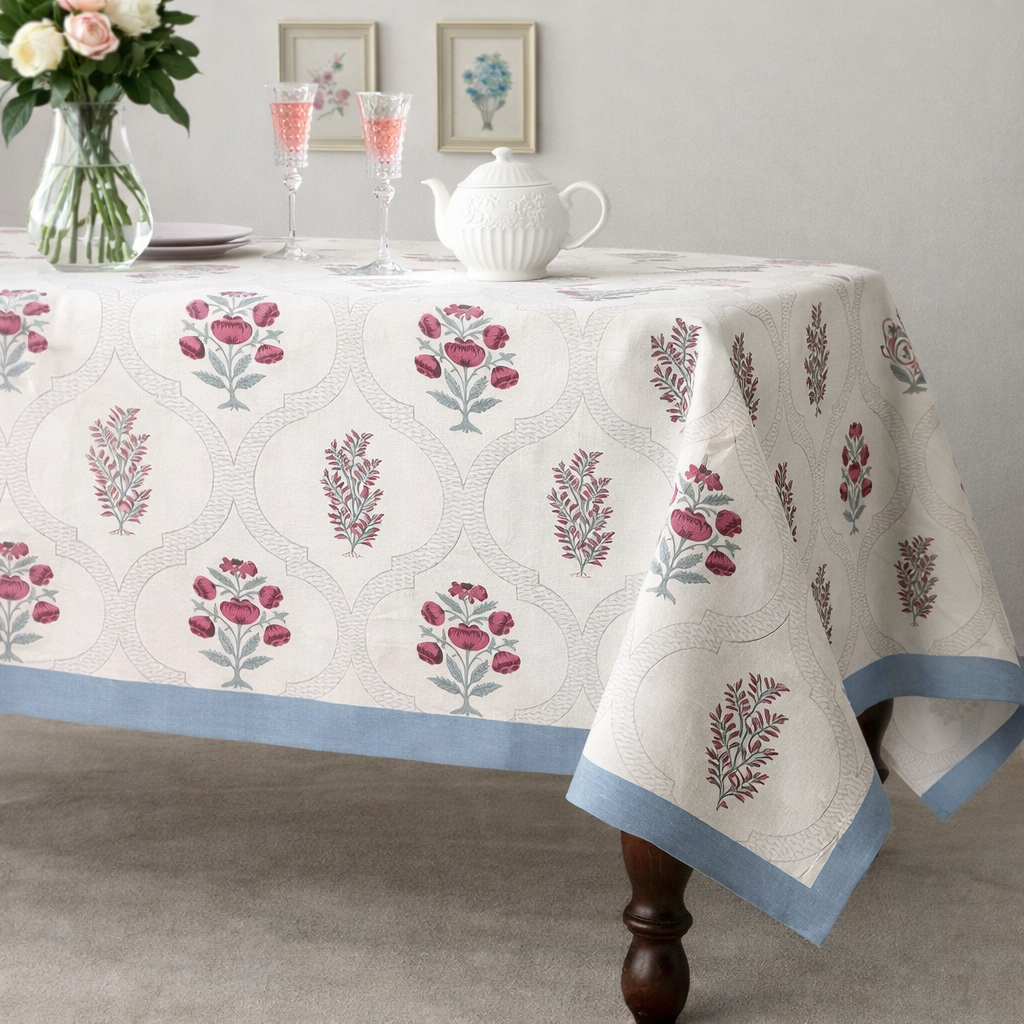 Noor Floral Hand Block Printed Cotton Table Cover I 6 Seater