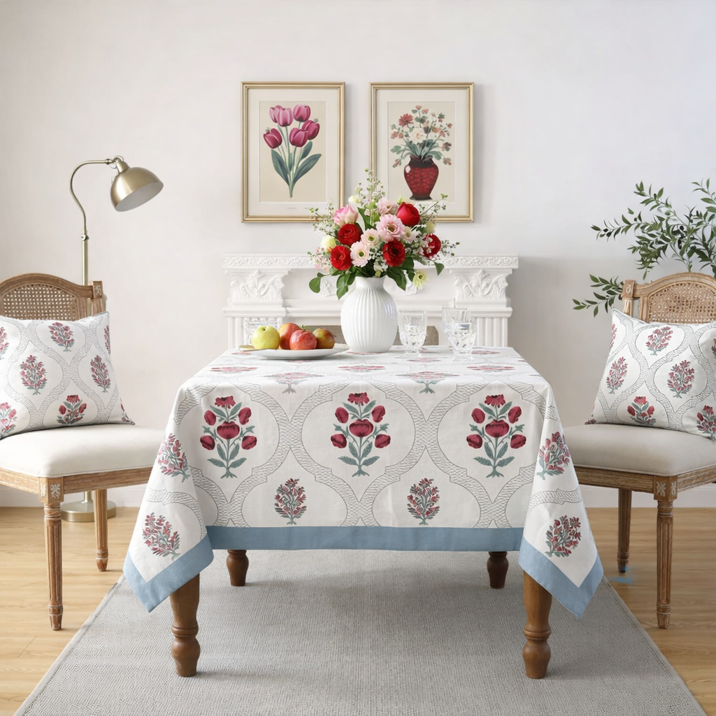 Noor Floral Hand Block Printed Cotton Table Cover I 6 Seater