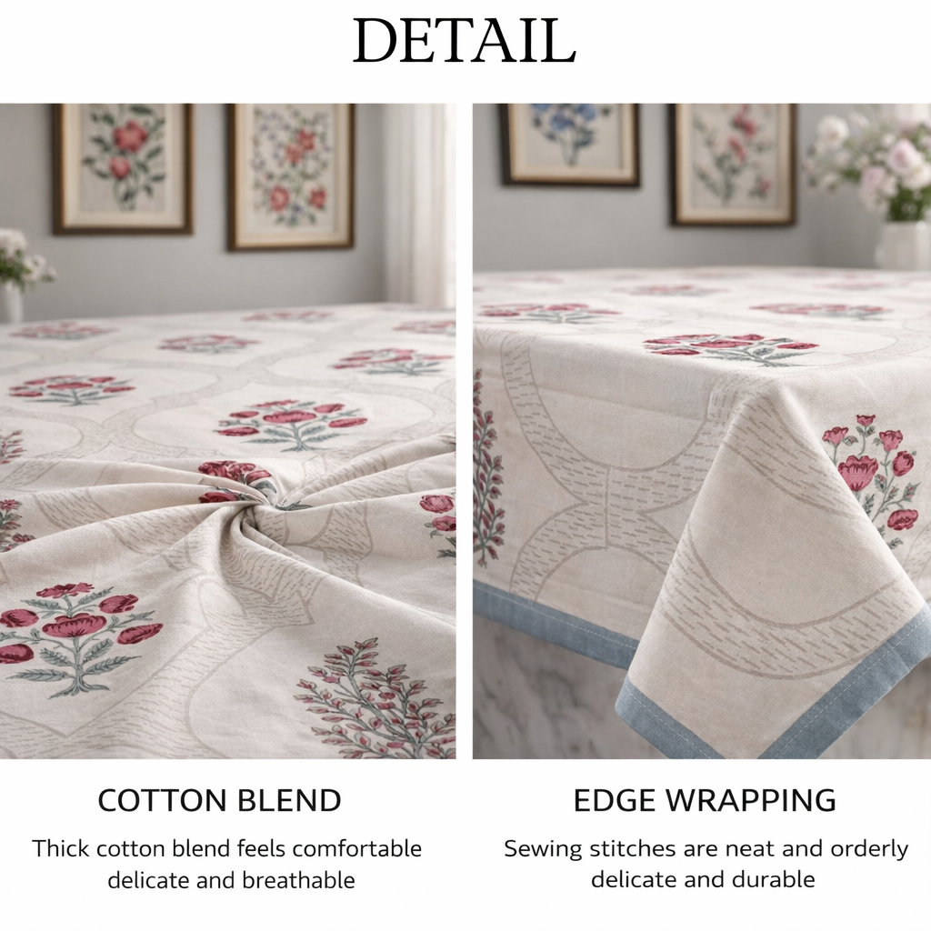 Noor Floral Hand Block Printed Cotton Table Cover I 6 Seater