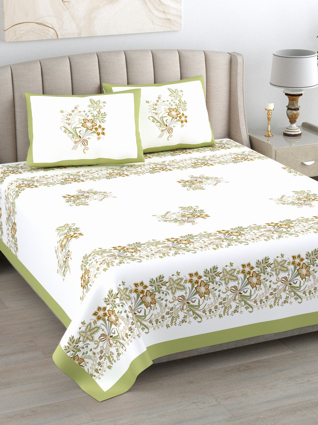 Olive Grace Hand Block Printed Cotton King Bedsheet Set