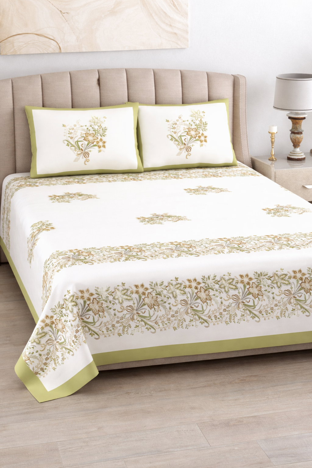 Olive Grace Hand Block Printed Cotton King Bedsheet Set | 90x108 | 240 TC