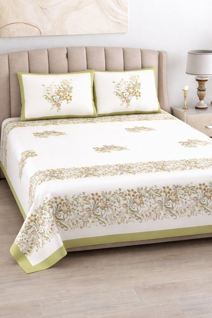 Olive Grace Hand Block Printed Cotton King Bedsheet Set | 90x108 | 240 TC
