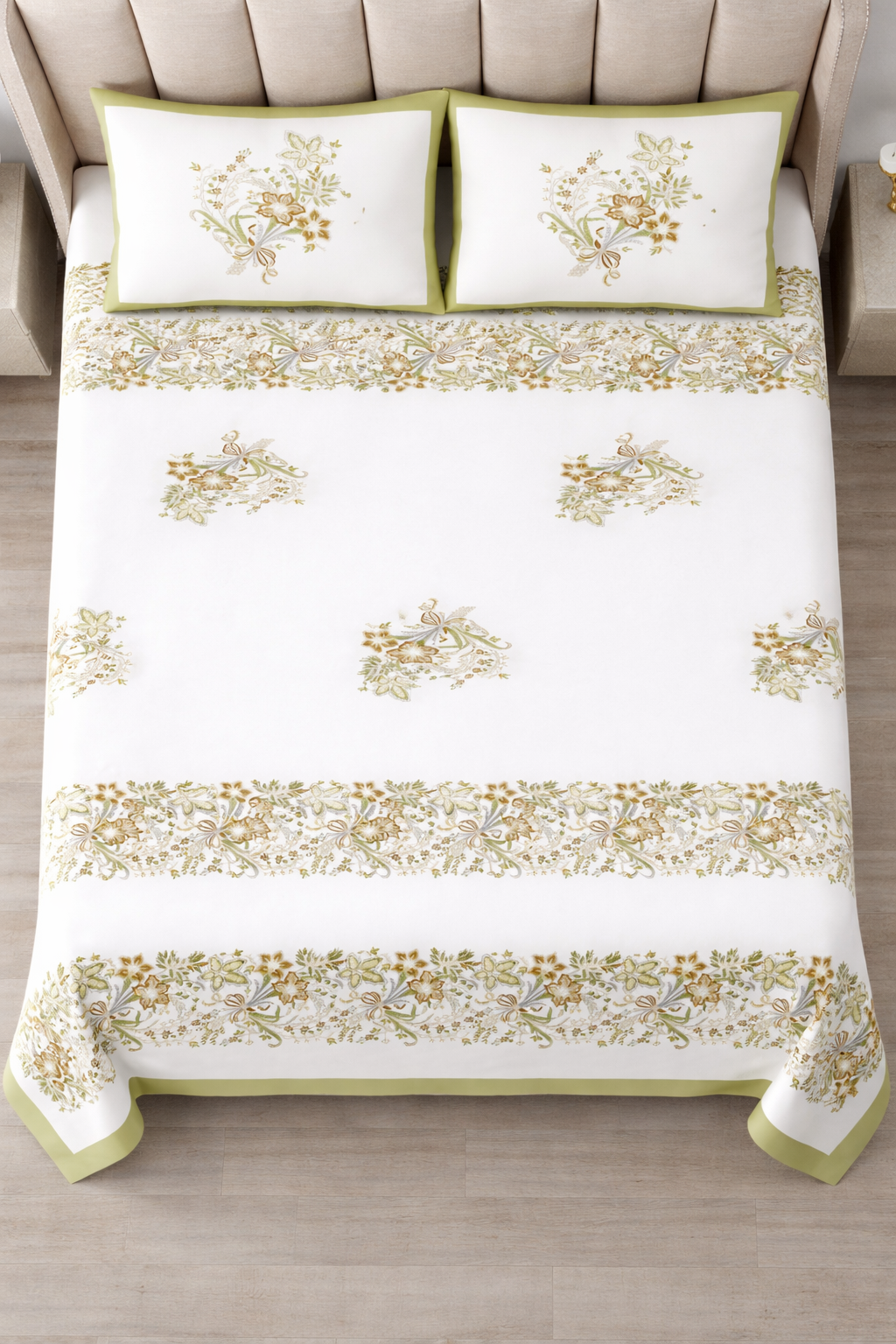 Olive Grace Hand Block Printed Cotton King Bedsheet Set | 90x108 | 240 TC