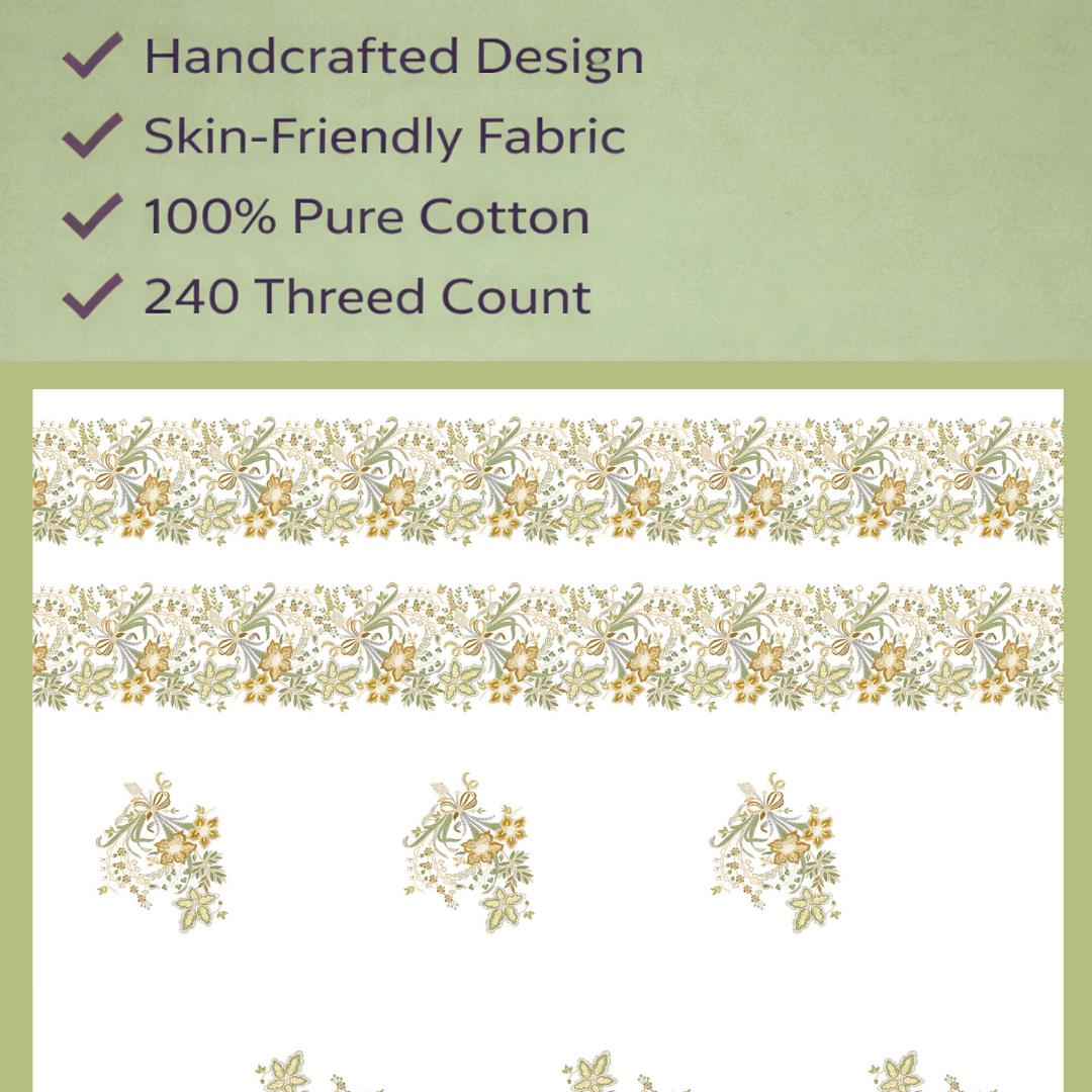 Olive Grace Hand Block Printed Cotton King Bedsheet Set | 90x108 | 240 TC