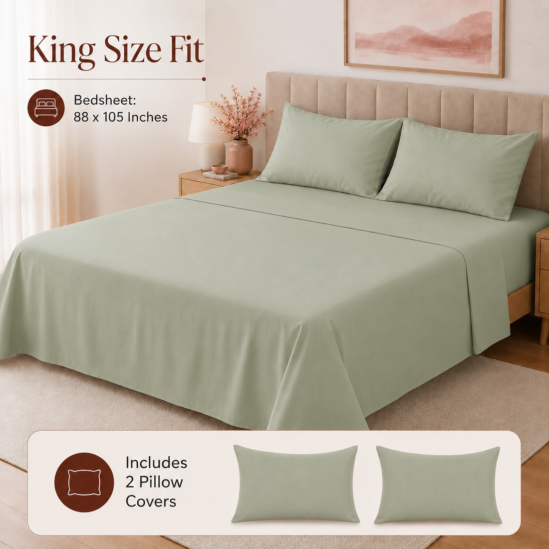 Olive Luxe 400 TC Pure Cotton King Size Bedsheet with 2 Pillow Covers