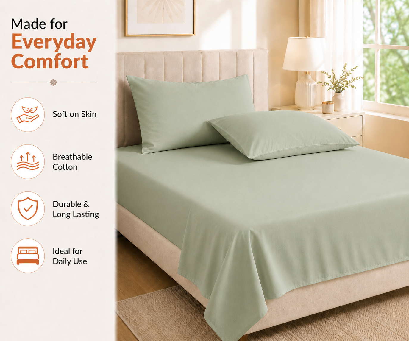 Olive Luxe 400 TC Pure Cotton King Size Bedsheet with 2 Pillow Covers
