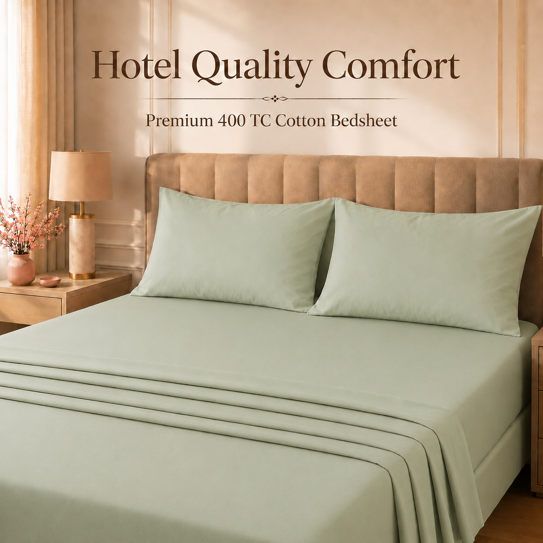 Olive Luxe 400 TC Pure Cotton King Size Bedsheet with 2 Pillow Covers