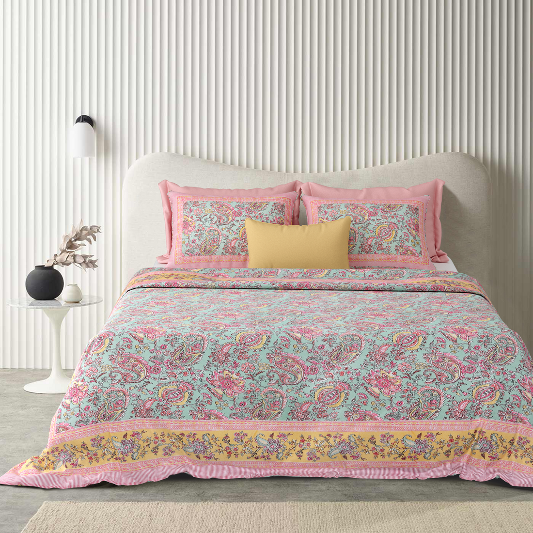Petal Symphony Hand Block Printed Cotton King Bedsheet Set | 90×108 | 240 TC