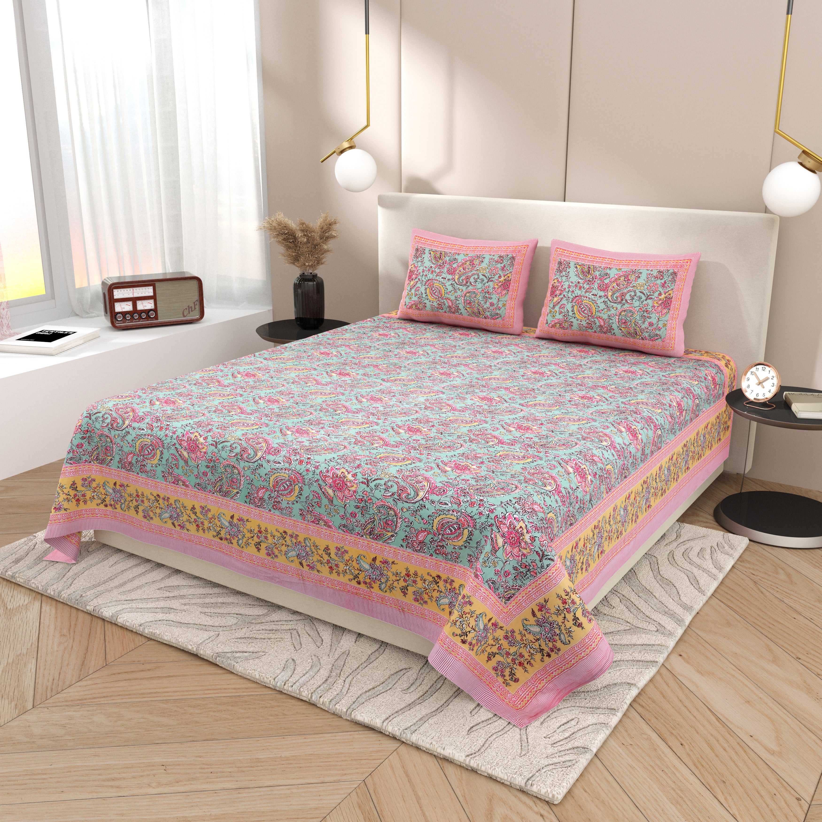 Petal Symphony Hand Block Printed Cotton King Bedsheet Set | 90×108 | 240 TC