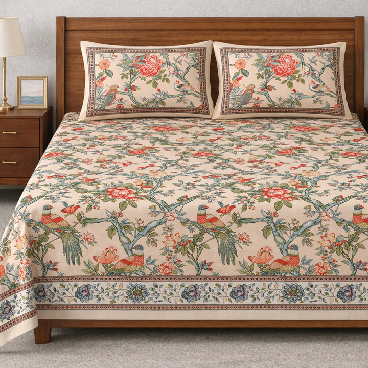 Panchhi Saga Hand Block Printed Cotton King Bedsheet Set | 90×108 | 240 TC